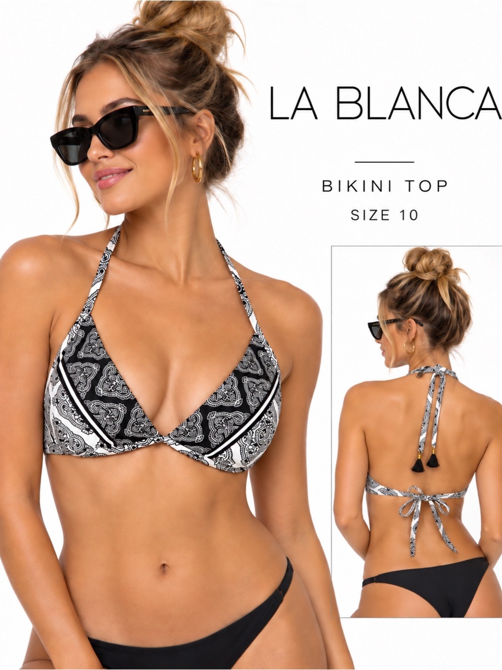 La Blanca Black & White Paisley Halter Bikini Top with tassels sz 10 NWT
